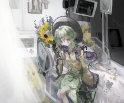 Rule 34 | 1girl, 2girls, bed, black hair, black hat, blue flower, blue rose, bouquet, buttons, cardiogram, diamond button, eyeball, floral print, flower, frilled shirt collar, frilled sleeves, frills, green hair, green skirt, hat, highres, holding, holding flower, hospital, hospital bed, hospital gown, indoors, intravenous drip, iv stand, koishi day, komeiji koishi, multiple girls, rose, rose print, sesmkun, shirt, skirt, smelling, smelling flower, third eye, touhou, wide sleeves, yellow shirt