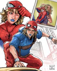2boys absurdres animal_print beard blonde_hair blue_bodysuit blue_eyes blue_hoodie blue_lips blue_nails bodysuit building comic_panel_redraw commentary cosplay crossover derivative_work english_commentary facial_hair gloves gold_teeth green_lips gyro_zeppeli highres hood hood_down hoodie jojo_no_kimyou_na_bouken long_hair makeup male_focus marvel mask multiple_boys multiple_views one_eye_closed pants pizza990 purple_shirt red_bodysuit red_gloves red_mask red_pants shirt short_sleeves spider-man spider-man_(cosplay) spider-man_(series) spider_print spider_web_print star_(symbol) star_print steel_ball_run