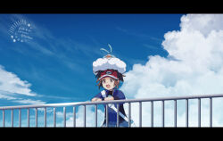 1boy :d against_fence artist_name bag blue_jacket brown_eyes brown_hair cloud cocoloco commentary_request dated day fence gen_3_pokemon happy jacket leaning letterboxed male_focus nate_(pokemon) nintendo on_head open_mouth outdoors pokemon pokemon_(creature) pokemon_bw2 pokemon_on_head short_hair shoulder_bag sky smile swablu visor_cap white_bag zipper_pull_tab