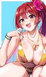 1girl absurdres alternate_costume bikini blue_background blush border breasts cleavage cowboy_shot flower gold_bikini golden_week golden_week_bikini hair_flower hair_ornament heart_pendant heterochromia high_ponytail highres hololive houshou_marine large_breasts long_hair ooike_teru open_mouth pink_flower ponytail red_eyes red_hair simple_background solo swimsuit teeth upper_teeth_only virtual_youtuber white_border yellow_eyes