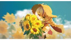 1girl ahoge artist_name blue_sky blurry blurry_background bouquet braid choker cloud eyepatch field flower flower_field hat heart heart_ahoge highres holding holding_bouquet long_hair looking_at_viewer maria_marionette multicolored_hair nijisanji nijisanji_en one_eye_covered open_mouth pink_hair purple_hair purple_streaks red_eyes shoushoukin side_ponytail single_braid sky smile solo straw_hat streaked_hair sun_hat sunflower sunflower_field upper_body virtual_youtuber