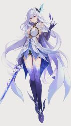 Rule 34 | 1girl, bare shoulders, breasts, dress, genshin impact, grey background, grey hair, hair ornament, highres, holding, holding sword, holding weapon, hyurasan, large breasts, long hair, looking at viewer, parted lips, prosthesis, red eyes, simple background, skirk (genshin impact), solo, standing, sword, very long hair, weapon, white dress
