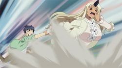 &gt;_&lt; 10s 1boy 1girl animated blonde_hair blush breasts dark_skin closed_eyes fang horns huge_breasts kurusu_kimihito long_hair monster_girl monster_musume_no_iru_nichijou ogre open_mouth running single_horn smile tionishia