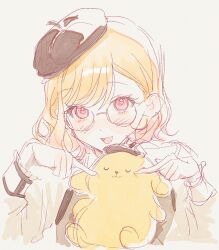1girl :d animal beret blonde_hair blush brown_hat cropped_torso eyelashes faux_traditional_media glasses gradient_hair hands_up happy_enjoy_music!_(project_sekai) hat highres long_sleeves looking_at_viewer medium_hair multicolored_hair official_alternate_costume open_mouth parted_bangs pink_hair pompompurin project_sekai re_memberry round_eyewear sanrio shirt smile tenma_saki white_background white_shirt