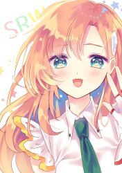 Rule 34 | 1girl, :d, absurdres, blush, cliana rimskaya, copyright name, eri., fingerless gloves, gloves, green eyes, green necktie, hair ornament, hand up, highres, necktie, open mouth, orange hair, pale skin, side part, smile, solo, super robot wars