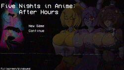 3girls animal_ears black_background black_bow black_bowtie black_panties black_skirt black_thighhighs blonde_hair bonnie_(fnaf) bow bowtie breasts brown_hair chica cleavage closed_eyes colored_skin commentary completely_nude crop_top elbow_gloves english_commentary english_text five_nights_at_freddy&#039;s five_nights_in_anime:_after_hours_(fangame) five_nights_in_anime_(fangame) freckles_on_breasts freddy_fazbear frills furry furry_female game_screenshot gloves hands_on_own_chest hat highres huge_breasts large_breasts leotard looking_at_viewer midriff mini_hat mini_top_hat multiple_girls navel no_nipples non-web_source nude orange_pants panties pants pink_thong ponytail purple_hair red_eyes screencap shiny_skin short_hair short_shorts shorts simple_background skirt smile static strapless strapless_leotard thighhighs thong title top_hat underwear unzipped video_game white_gloves