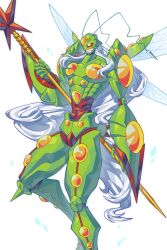 Rule 34 | 1boy, armor, confeito000 333, digimon, digimon (creature), green armor, highres, jewelbeemon, long hair, male focus, polearm, simple background, solo, very long hair, weapon, white background, white hair