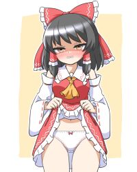 1girl angry annoyed ascot bare_shoulders black_hair blush border bow bow_panties breasts brown_eyes clenched_teeth clothes_lift collared_shirt cowboy_shot detached_sleeves dress dress_lift embarrassed feet_out_of_frame frilled_bow frilled_dress frilled_hair_tubes frilled_skirt frills furrowed_brow hair_bow hair_ornament hair_tubes hakurei_reimu huge_bow lifting_own_clothes looking_at_viewer medium_breasts medium_hair navel nose_blush panties peanut_mouth red_bow red_dress red_shirt red_skirt shirt skirt skirt_lift sleeveless sleeveless_shirt solo standing teeth thigh_gap underwear v-shaped_eyebrows white_border white_panties white_sleeves wide_sleeves yellow_ascot yellow_background yellow_eyes zenji029
