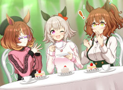 Rule 34 | !, 3girls, absurdres, animal ears, aston machan (umamusume), blurry, blurry background, blush, breasts, cake, casual, chair, commission, curren chan (umamusume), eating, food, glasses, green eyes, grey hair, hair between eyes, hair ornament, highres, hokutoro64, horse girl, medium breasts, medium hair, multiple girls, north flight (umamusume), official alternate costume, one eye closed, open mouth, skeb commission, smile, table, umamusume