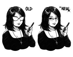 1girl absurdres before_and_after cross cross_necklace english_text glasses greyscale highres holding holding_pen jewelry long_hair looking_at_viewer monochrome necklace original pen simple_background sketch succuboos white_background