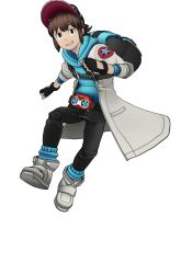 1boy 3d ai_the_somnium_files backpack bag belt brown_eyes brown_hair clothes coat freckles full_body gloves grin hat highres jacket looking_at_viewer male_focus matsushita_ota official_art pants shirt shoes short_hair simple_background smile solo teeth
