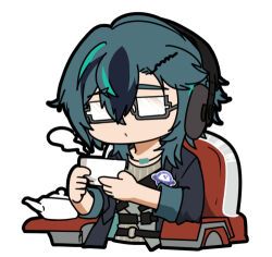 1boy artist_request black_hair black_hat black_jacket chibi chibi_only chinese_commentary cup girls&#039;_frontline girls&#039;_frontline_neural_cloud glasses green_hair hat headphones holding holding_cup jacket lowres male_focus official_art on_chair second-party_source sitting solo steam teapot yuwang_(neural_cloud)