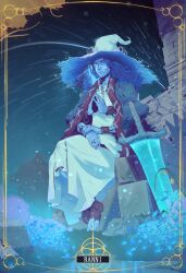 Rule 34 | 1girl, absurdres, andrea adiletto, barefoot, black sky, blue eyes, blue flower, blue hair, blue hat, blue robe, blue skin, blue sky, blue sword, border, brick wall, brown wrist cuffs, colored eyelashes, colored skin, comet, cracked skin, dress, elden ring, english text, extra arms, facial mark, flower, fur robe, glowing, glowing sword, glowing weapon, gradient sky, grass, hand on own wrist, hat, highres, huge weapon, jewelry, large hat, long dress, long hair, looking at viewer, night, night sky, one eye closed, own hands together, ranni the witch, ring, robe, rock, rope around feet, ruins, sitting, sitting on object, sky, solo, sparkle, striped robe, sword, water, wavy hair, weapon, white dress, witch hat, wrist cuffs, yellow border