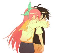 Rule 34 | 1boy, 1girl, absurdres, antenna hair, aubrey (faraway) (omori), aubrey (omori), black eyes, black hair, black sweater vest, blue hairband, blue skirt, blush, bright pupils, brown shorts, closed eyes, closed mouth, denim, denim skirt, hairband, highres, hug, hug from behind, jacket, kisany, long hair, long sleeves, looking at another, omori, shirt, short hair, short sleeves, shorts, simple background, skirt, smile, spoilers, sunny (omori), sweater vest, white background, white jacket, white pupils, white shirt