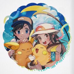 1boy 1girl :d alolan_form alolan_raichu black_hair blue_eyes blush brown_eyes brown_hair closed_mouth commentary elio_(pokemon) eyelashes gen_1_pokemon gen_7_pokemon green_shirt hair_flaps hands_up hanenbo hat highres leaf_(pokemon) long_hair nintendo open_mouth pokemon pokemon_(creature) pokemon_frlg pokemon_sm raichu shirt sidelocks sleeveless sleeveless_shirt smile symbol-only_commentary teeth tongue upper_teeth_only white_headwear