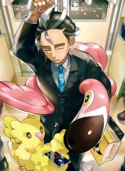 1boy animal arm_up bag bird black_hair black_jacket black_pants cellphone closed_eyes collared_shirt commentary_request flamigo flamingo game_freak geeta_(pokemon) gen_7_pokemon gen_9_pokemon highres holding incoming_call jacket larry_(pokemon) male_focus multicolored_hair musical_note necktie nintendo open_mouth orange_mikan oricorio oricorio_(pom-pom) pants phone pokemon pokemon_(creature) pokemon_sv shirt short_hair smartphone standing two-tone_hair