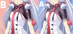 Rule 34 | 1girl, black shirt, comparison, dated, dress, hair ribbon, head out of frame, highres, kantai collection, long hair, murakumo (kancolle), murakumo kai ni (kancolle), necktie, open mouth, red necktie, ribbon, shiny clothes, shirt, sidelocks, signature, silver hair, solo, strapless, strapless dress, tk8d32, tress ribbon, under shirt