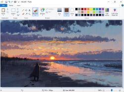 Rule 34 | 1other, art program in frame, beach, christian young, cloak, cloud, cloudy sky, commentary, ecotone, english commentary, facing away, footprints, from behind, full body, grass, horizon, landscape, microsoft paint (medium), microsoft paint (software), original, outdoors, painterly, reflection, reflective water, sand, scenery, screencap, shore, sky, sky focus, standing, sun, sunset, waves
