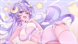 1girl blue_eyes breasts commentary cropped_shirt curled_horns english_commentary hand_on_own_thigh highres horns kuzeri linea_alba long_hair open_mouth original purple_hair shirt sleeveless sleeveless_shirt solo star_(symbol) teeth thighhighs upper_teeth_only white_shirt white_thighhighs yellow_horns