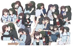 2girls after_kiss bang_dream! bang_dream!_it&#039;s_mygo!!!!! bass_guitar between_legs black_choker black_hair black_jacket blue_eyes blue_shirt blush box brown_hair carrying chain chain_necklace choker closed_eyes commentary_request drumsticks earrings eye_contact french_kiss grey_skirt hanasakigawa_school_uniform heart-shaped_box highres holding holding_bass_guitar holding_drumsticks holding_instrument hug hug_from_behind instrument jacket jenjen jewelry kiss kissing_neck long_hair looking_at_another mole mole_under_eye multiple_girls necklace princess_carry purple_eyes red_shirt sailor_collar saliva saliva_trail school_uniform shiina_taki shirt simple_background skirt sweat timoris_(bang_dream!) tongue tongue_out white_background white_sailor_collar white_shirt white_skirt yahata_umiri yuri