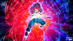 Rule 34 | 1boy, armor, aura, blue bodysuit, blue hair, body fur, bodysuit, boots, dragon ball, dragon ball gt, dragon ball heroes, dragon ball super, earrings, full body, fusion, galick gun, gloves, glowing, highres, jewelry, multicolored hair, nickartth, potara earrings, red fur, red hair, solo focus, streaked hair, super saiyan, super saiyan 4, two-tone hair, vegeta, white armor, white boots, white gloves