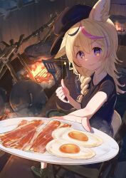 1girl 7_days_to_die animal_ear_fluff animal_ears ankle_boots bacon black_hair black_hat black_shirt blonde_hair boots breasts campfire can chair closed_mouth cooking_pot fence food foreshortening fox_ears fox_girl fox_tail fried_egg frown green_boots hair_between_eyes hashtag-only_commentary hat highres holding holding_plate holding_spatula hololive incoming_food long_hair looking_at_viewer mahizombie medium_breasts multicolored_hair mushroom newsboy_cap omaru_polka on_chair plate purple_eyes purple_hair shirt short_sleeves sitting smile solo spatula star-shaped_pupils star_(symbol) streaked_hair symbol-shaped_pupils tail thumbs_up v-shaped_eyebrows virtual_youtuber wooden_fence
