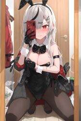 1girl absurdres alternate_costume animal_ear_hairband animal_ears arm_strap arm_under_breasts black_bow black_bowtie black_gloves black_jacket black_leotard black_pantyhose black_streaks blush bow bowtie breasts cellphone cleavage covered_navel detached_collar ear_blush ear_piercing fake_animal_ears full-length_mirror furrowed_brow gloves hairband highleg highleg_leotard highres holding holding_phone hololive jacket kneeling koyokurosuki large_breasts leotard mirror mirror_selfie multicolored_hair off-shoulder_jacket off_shoulder pantyhose parted_bangs phone piercing playboy_bunny quilted_jacket rabbit_ear_hairband rabbit_ears red_eyes sakamata_chloe smartphone solo streaked_hair two-sided_fabric virtual_youtuber white_hair white_wrist_cuffs wrist_cuffs