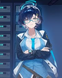 Rule 34 | 1girl, absurdres, aqua-framed eyewear, bloom muchi, blue archive, blue cardigan, blue hair, blue necktie, blue sweater vest, cardigan, chihiro (blue archive), glasses, hair ornament, halo, highres, id card, jacket, medium hair, multicolored jacket, necktie, rabbit hair ornament, semi-rimless eyewear, solo, sweat, sweater vest, under-rim eyewear, watch, wristwatch