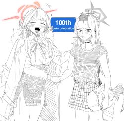 Rule 34 | +++, 2girls, artificialkaban, aru (blue archive), bangs pinned back, blue archive, blush, choker, closed eyes, coat, coat on shoulders, collared shirt, commentary, demon horns, ear piercing, english commentary, grin, halo, hand on another&#039;s shoulder, handshake, highres, holding, horns, kayoko (blue archive), laughing, long hair, long sleeves, looking at viewer, meme, monochrome, multicolored hair, multiple girls, neck ribbon, open mouth, pencil skirt, piercing, plaid clothes, plaid skirt, ribbon, shirt, short sleeves, simple background, single wing, sketch, skirt, smile, sparkle, standing, sweat, two-tone hair, white background, wings, young michael scott shaking ed truck&#039;s hand (meme)