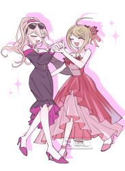 2girls ahoge akamatsu_kaede bare_shoulders blonde_hair blush closed_mouth collarbone commentary_request dancing danganronpa_(series) danganronpa_v3:_killing_harmony dress eyelashes eyewear_on_head fortissimo full_body hair_between_eyes hair_ornament happy high_heels high_ponytail highres holding_hands iruma_miu long_hair mmr_0x multiple_girls musical_note musical_note_hair_ornament official_alternate_costume official_alternate_hairstyle open_mouth ponytail purple_nails silhouette simple_background sleeveless sleeveless_dress smile sparkle sunglasses watermark white_background yuri