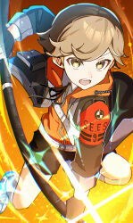 1boy amada_ken black_jacket black_shorts brown_hair fighting_stance highres holding holding_polearm holding_weapon jacket male_focus nodoka906 open_mouth orange_background persona persona_3 polearm shorts solo teeth twitter_username upper_teeth_only weapon yellow_eyes