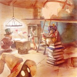 2girls 3boys bat_wings black_hair blonde_hair blouse bob_cut book book_stack bookshelf boots bow box brick_wall brown_coat brown_facial_hair brown_footwear brown_hair brown_theme cabinet candle candlelight chandelier claws coat commentary covered_face doctor_tot eiko_carol facial_hair facing_to_the_side final_fantasy final_fantasy_ix flying garnet_til_alexandros_xvii glasses globe gloves green_eyes hair_bow hand_up hands_up hat high_collar highres holding holding_book horns indoors juliet_sleeves jumpsuit kiti_itou knee_boots ladder light_smile long_sleeves looking_down looking_up monkey_tail moogle multicolored_footwear multiple_boys multiple_girls open_book open_mouth orange_boots orange_jumpsuit pants puffy_sleeves purple_hair reading red_gloves red_nose round_eyewear shirt shoes signature single_horn sitting smile solid_circle_eyes standing stone_floor tail top_hat treasure_chest turtleneck vivi_ornitier white_shirt wings wizard_hat yellow_bow yellow_eyes zidane_tribal