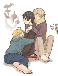 1girl 3boys america_(hetalia) axis_powers_hetalia barefoot belarus_(hetalia) black_hair blonde_hair blue_eyes blue_jacket commentary_request cushion dated full_body honnomusi323 hug hug_from_behind jacket japan_(hetalia) japanese_clothes kimono knees_up looking_at_another looking_at_viewer male_focus multiple_boys purple_eyes russia_(hetalia) scarf seiza short_hair sitting sweat translation_request white_background yaoi zabuton