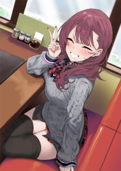1girl black_thighhighs blush bow bowtie brown_hair cevio closed_eyes facing_viewer grey_sweater highres long_hair mole mole_under_eye natsuki_karin plaid_bow plaid_bowtie plaid_clothes plaid_skirt purple_eyes red_bow red_bowtie red_skirt sitting skirt smile solo sweater thighhighs v variant_set yappen