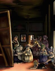Rule 34 | 6+girls, all fours, angry, apron, ascot, bare shoulders, barefoot, beret, black bow, black dress, black hair, black hood, black vest, black wings, blonde hair, blue ascot, blue dress, blue eyes, blue hair, blue ribbon, blue skirt, boots, bow, braid, brown boots, canvas (object), cirno, closed eyes, closed mouth, collar, crescent, crystal wings, cup, daiyousei, dark background, detached wings, door, dress, drinking glass, drinking straw, embodiment of scarlet devil, erhu, fangs, flandre scarlet, flower, frilled dress, frilled sleeves, frills, green bow, green dress, green hair, green hat, grey hair, hair tubes, hakurei reimu, hat, hat ornament, head wings, highres, holding, holding paint palette, holding paintbrush, hong meiling, ice, ice wings, izayoi sakuya, kicking, kirisame marisa, kneeling, koakuma, las meninas, long hair, long sleeves, maid, maid apron, maid headdress, medium hair, mob cap, multicolored wings, multiple girls, nose bubble, on floor, open door, open mouth, own hands together, paint palette, paintbrush, painting (action), painting (object), parody, patchouli knowledge, picture frame, pink dress, ponytail, purple bow, purple dress, purple eyes, purple hair, purple hat, red bow, red carpet, red dress, red eyes, red flower, red hair, red ribbon, red rose, red shirt, remilia scarlet, ribbon, rose, rumia, satsuki rin, shirt, single braid, skirt, sleeping, smile, standing, star (symbol), star hat ornament, tongue, touhou, tray, twin braids, umaieokakitai, veins, vest, white apron, white bow, white collar, white dress, white hat, white sleeves, wine glass, wings, witch hat, yellow bow