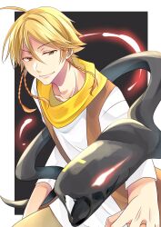 1boy ahoge alicein_mikuni aya10_002 black_background blonde_hair border braid brown_pants doubt_doubt doubt_doubt_(snake_form) highres male_focus orange_eyes pants scarf servamp short_hair side_braid snake white_border yellow_scarf