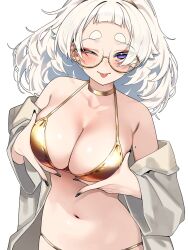 1girl absurdres bare_shoulders bikini black_nails blunt_bangs blush breasts cleavage commentary fingernails glasses gold_bikini golden_week grabbing_own_breast highres large_breasts leaning_forward long_hair looking_at_viewer meg_(wakamepiza) mole mole_on_arm nail_polish navel one_eye_closed original purple_eyes round_eyewear semi-rimless_eyewear short_bangs short_eyebrows simple_background smile solo swimsuit thick_eyebrows tongue tongue_out wakamepiza white_background white_hair