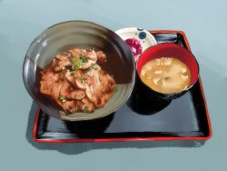 aon968 bowl food food_focus grey_background highres meat no_humans original plate shadow signature simple_background soup still_life