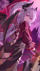 1girl ass back bat_wings black_gloves black_horns black_skirt black_tail black_thighhighs blurry blurry_foreground bright_pupils candle closed_mouth commentary demon_tail from_behind gloves hair_intakes hair_ornament high_ponytail highres honkai_(series) honkai_impact_3rd horns jacket long_hair looking_at_viewer looking_back official_alternate_costume outdoors pink_jacket ponytail purple_eyes purple_sky siyue skirt sky solo tail thelema_nutriscu thelema_nutriscu_(gentle_is_the_night) thighhighs very_long_hair white_pupils wings