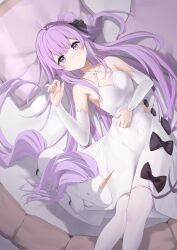 absurdres azur_lane bow criss-cross_halter detached_sleeves dress dress_bow hair_bun halterneck highres long_hair looking_at_viewer lying on_back on_bed one_side_up purple_eyes purple_hair single_hair_bun single_side_bun stuffed_animal stuffed_toy stuffed_unicorn stuffed_winged_unicorn tang3529123960 unicorn unicorn_(azur_lane) white_dress
