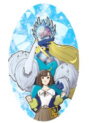 2girls brown_eyes brown_hair cendrillmon digimon digimon_liberator highres jacket kinosaki_arisa looking_at_viewer mask multiple_girls