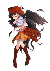 1girl alphes_(style) black_hair black_wings boots brown_boots brown_hat brown_skirt checkered_clothes checkered_skirt commentary_request cowboy_boots cowboy_hat dairi facing_viewer feathered_wings full_body hand_on_own_stomach hat highres horse_tail kurokoma_saki long_hair neckerchief orange_skirt overskirt parody ponytail puffy_short_sleeves puffy_sleeves short_sleeves skirt smile solo standing style_parody tachi-e tail touhou transparent_background very_long_hair white_neckerchief wings