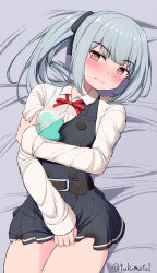 1girl belt black_belt black_ribbon blush bra breasts brown_eyes dress green_bra grey_hair hair_ribbon highres kantai_collection kasumi_(kancolle) kasumi_kai_ni_(kancolle) long_sleeves looking_at_viewer lying medium_breasts neck_ribbon on_back pinafore_dress red_ribbon ribbon school_uniform shirt side_ponytail sleeveless sleeveless_dress solo torn_clothes torn_dress torn_shirt tsukimoto_reiji underwear white_shirt