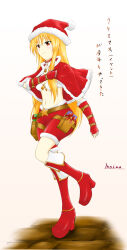 1girl adapted_costume belt_buckle bikini bikini_top_only blonde_hair blush boots breasts buckle capelet christmas closed_mouth commentary_request expressionless fingerless_gloves full_body fur-trimmed_capelet fur-trimmed_headwear fur-trimmed_shorts fur_trim gift gloves hat long_hair looking_afar maimu-noize medium_breasts midriff navel pom_pom_(clothes) ragnarok_online red_boots red_capelet red_eyes red_gloves red_hat red_shorts santa_hat shorts solo star_(symbol) swimsuit translation_request white_background white_bikini whitesmith_(ragnarok_online)