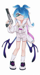 Rule 34 | 1girl, :3, absurdres, alternate species, aqua eyes, arm at side, asymmetrical bangs, asymmetrical sidelocks, baggy clothes, bare shoulders, belt, belt around waist, black shoes, blue hair, blunt sidelocks, breasts, closed mouth, colored extremities, contrapposto, cross-shaped pupils, curled fingers, dot nose, double vertical stripe, elira pendora, elira pendora (1st costume), fake head wings, gun, hair over one eye, hair over shoulder, hair wings, hand up, handgun, highres, holding, holding gun, holding weapon, inkling, invisible floor, karassawa, kneehighs, knees, long hair, long legs, long sleeves, looking at viewer, mole, mole on armpit, multicolored hair, multicolored shoes, n-zap (splatoon), nes zapper, nijisanji, nijisanji en, nintendo, off-shoulder sweater, off shoulder, overall shorts, overalls, parted bangs, puffy long sleeves, puffy sleeves, purple stripes, ribbed socks, shoes, shorts rolled up, sidelocks, simple background, single sleeve past wrist, small breasts, smile, sneakers, socks, solo, splatoon (series), sweater, symbol-shaped pupils, tentacle hair, tentacles, thick eyebrows, thighs, two-tone hair, two-tone shoes, v-shaped eyebrows, very long hair, virtual youtuber, wavy hair, weapon, white background, white belt, white overalls, white shoes, white sweater