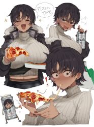 1girl alcohol asahi_breweries beer black_hair blush bon_(vtuber) breasts can dark-skinned_female dark_skin drunk ear_piercing earrings eating fang food gurenola highres holding holding_can holding_food holding_pizza indie_virtual_youtuber jacket jewelry large_breasts midriff_peek multicolored_hair multiple_views open_clothes open_jacket open_mouth piercing pink_hair pizza ribbed_sweater short_hair solo sweater virtual_youtuber white_background