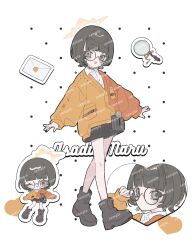 1girl absurdres anemonetic black_hair black_shorts chibi commission full_body glasses halo highres jacket letter multiple_views orange_halo orange_jacket original sample_watermark short_hair shorts simple_background smile solo watermark white_background