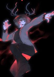 1boy :3 absurdres antlers black_background black_eyes blood blood_on_clothes blood_on_hands coat commentary_request highres hitchhiker_a_(randal&#039;s_friends) horns male_focus randal&#039;s_friends shieriru short_hair simple_background solo spot_color sweater turtleneck turtleneck_sweater