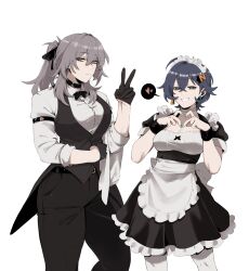 Rule 34 | 2girls, absurdres, apron, belle (zenless zone zero), black gloves, blue hair, butler, coattails, company connection, female butler, formal clothes, gloves, grey hair, heart, heart hands, highres, honkai: star rail, honkai (series), long hair, maid, maid apron, maid headdress, masoq, mihoyo, multiple girls, pant suit, pants, short hair, stelle (honkai: star rail), suit, towel, towel on arm, trailblazer (honkai: star rail), tuxedo shirt, v, white background, zenless zone zero