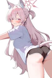 1girl absurdres akira_(blue_archive) allen_(user_rtdw8823) alternate_costume animal_ear_fluff animal_ears ass blue_archive blush breasts cat_ears cat_girl cat_tail colored_eyelashes commentary_request dolphin_shorts extra_ears from_behind grey_halo hair_between_eyes hair_intakes half_updo halo highres long_hair looking_at_viewer medium_breasts see-through_silhouette shirt short_shorts short_sleeves shorts simple_background smile solo tail thighs white_background white_eyelashes white_hair white_shirt